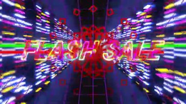Mor ızrak ve arıza efektleriyle düz dizayn retro tünelinde dönen Neon FLASH satış metni. Fütürist, siber punk, canlı, dijital, dinamik, dalgın, bilim kurgu