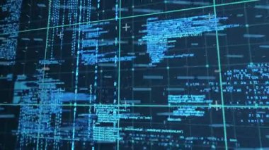 Neon ızgara üzerinde yüzen kodu gösteren veri görselleştirmesi renkli kümeleri üç boyutlu görüntüleme ile renklendiriyor. Teknoloji, analitik, yenilik, fütüristik, arayüz, gösterge paneli, siber güvenlik