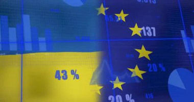 Veri alanı grafiğini, bar tablosunu, şeffaf arkaplanda AB yıldızlarının yer aldığı pasta grafiğini gösteren düz bir tasarım. Analizler, gösterge paneli, içgörü, istatistik, görselleştirme, fintech, dijital