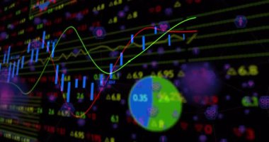 Finans biyoteknoloji göstergesi yeşil çizgi, mavi sarı çubuklar ve yüzen altıgen simgeleri gösteriyor. Analizler, veri görselleştirme, dijital arayüz, biyoteknoloji, finans, fütürizm, teknoloji