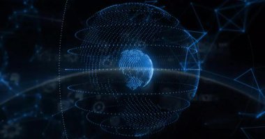 Sanal uzayda dönen üç boyutlu holografik dijital küre UI panelleri ile mavi veri noktalarını gösteriyor. Fütürist, teknoloji, dijital, sürükleyici, küresel, ağ, bilim kurgu