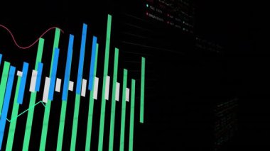 Finansal çubuk ve çizgi grafiği, kırmızı ve cyan eğilimleri gösteren hisse senedi verilerini koyu ekranda gösteriyor. Analizler, finans, veri, teknoloji, yatırım, iş dünyası, gösterge paneli