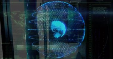 Laboratuvarın üzerinde süzülen üç boyutlu holografik küreyi görüntüle, çizgiler çiz ve arayüz panellerini tara. Fütüristik, teknolojik, dijital, sürükleyici, görselleştirme, arayüz, yenilik