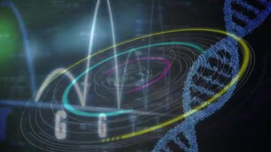 Karanlık arayüz üzerinde yukarı doğru kıvrılan fütüristik DNA sarmalı renkli veri halkaları ve dalga formları içeriyor. Dijital, biyoteknoloji, yenilik, teknoloji, bilim, veri görselleştirme, soyut