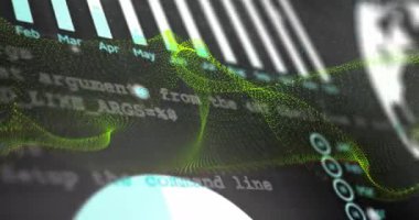 Üzerinde Oct Nov Dec. Teknoloji, veri görselleştirmesi, fütüristik, analitik, dijital, arayüz, yenilik etiketli dikey çubukları gösteren yeşil noktalı üç boyutlu dalga ızgarası