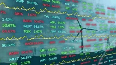 Borsa saatleri ve trend çizgileri düz dizaynlı rüzgar türbinleri ve güç kuleleri üzerinde canlanıyor. Teknoloji, yenilenebilir enerji, veri görselleştirme, sürdürülebilirlik, çevre dostu, modern, temiz tasarım