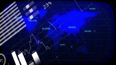 Küresel harita merkezi sahnesini görselleştiren, turta grafikleri ve sayısal kavisleri gösteren fütürist düz gösterge paneli. Dijital, veri, görselleştirme, arayüz, teknoloji, analiz, fütüristik