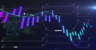Finansal tabloda parlak mor cyan barlar var. Trend çizgileri, sayısal etiketler, bal peteği kaplaması. Veri, görselleştirme, bilgi, analitik, gösterge paneli, diyagram, dijital
