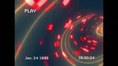 Kırmızı parçalar ve koyu arkaplanda dönen sarı-turuncu neon döngüler beyaz retro metni sergiliyor. Soyut, dijital sanat, siber punk, neon, fütüristik, hareket, teknoloji