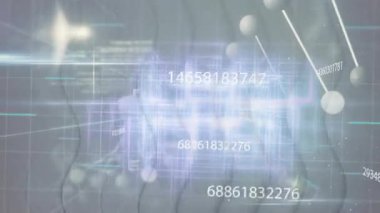 Parlak çizgiler ve kıvrımlı dalgalar altında şeffaf 3D ızgara boyunca sürüklenen yüzen sayısal diziler. Fütürist, teknoloji, dijital, soyut, görselleştirme, arayüz, bilim