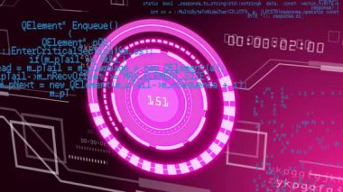 Canlandırılmış düz dizayn, mor parlayan dairesel arayüz döner, deniz mavisi kod parçacıkları havada süzülürken. Fütürist, teknoloji, arayüz, dijital, siber punk, neon, yenilik