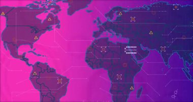 Parlayan halkaları, altıgen şebeke örtüsünü, hedef işaretleyicileri, dairesel simgeleri gösteren stilize bir dünya haritası. Teknoloji, görselleştirme, arayüz, veri, analitik, dijital, geleceksel