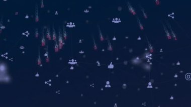 Sosyal simgelerle üst üste gelen kod akışlarını gösteren koyu mavi ızgarada soyut veri canlandırması. Siber güvenlik, dijital, teknoloji, iletişim, ağ, fütürist, veri