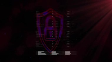 UI arızasında asma kilit simgesine sahip kırmızı kalkan kod parçalarını ve ızgara düğümlerini gösteriyor. Siber güvenlik, dijital, güvenlik, koruma, fütüristik, teknoloji, şifreleme