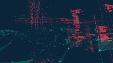 3D ağ örgüsü kırmızı piksel dalgası üzerinden birbirine bağlanan yüzen yeşil altıgen düğümleri gösteriyor. Fütürist, dijital, soyut, teknoloji, bağlantı, siber, yenilik