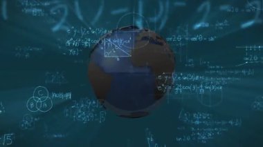 Dünya küresi, matematik formülleri ve grafik eksenlerini gösteren koyu gri deniz mavisi dijital simülasyonlarda görselleştiriliyor. Gelecek, teknoloji, veri, yenilik, soyut, bilim, ağ