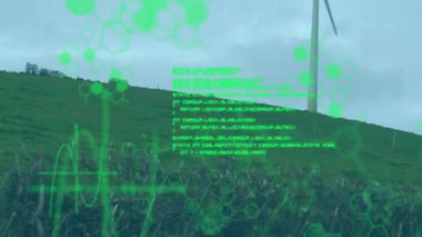 Yeşil tepede yükselen rüzgar türbini kulesi moleküler, dalga biçimi ve kod örtülerini gösteriyor. Yenilenebilir, teknoloji, sürdürülebilirlik, manzara, yenilik, çevre, dijital