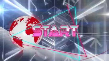 3D render, dönen pembe START metnini gösteriyor. Neon üçgenler ve oklarla dünyanın üzerinde geziniyor. Fütürist, dijital, neon, geometrik, soyut, teknoloji, yenilik