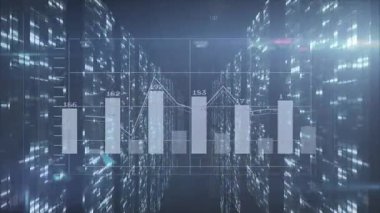 Sınır çizelgesi dijital koridorda canlandırılıyor, şeffaf çubuklar ve parlayan bloklar gösteriliyor. Veri görselleştirme, analitik, fütüristik, teknoloji, dijital mimari, metrik, yenilik