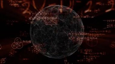 Koyu kırmızı uzayda titreşen şeffaf ağ küresi parıldayan formüller ve ışık çizgileri gösteriyor. Soyut, fütüristik, dijital sanat, geometri, ağ oluşturma, yenilik, parlaklık