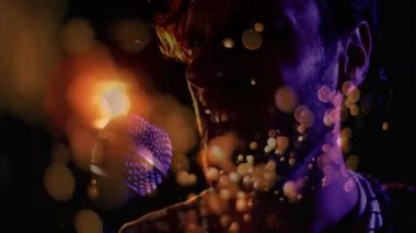 Müzik endüstrisinin enerjisini vurgulayan animasyon ses dalgalarıyla sahnede sahne alan yetişkin erkek şarkıcı. Performans, şarkıcı, sahne, eğlence, gece hayatı, konser, renkli