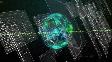 Veri panelleri arasında dönen holografik küre ve yıldız alanı üzerindeki ölçek grafiklerini üç boyutlu görüntüleme ile kaydırıyor. Fütürist, dijital, yenilik, teknoloji, veri, analiz, sürükleyici