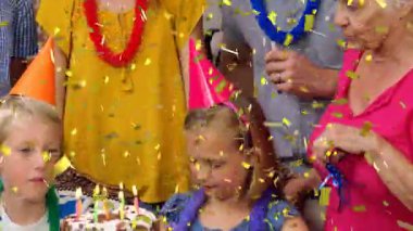 Çocuklar masa partisinde pasta mumları üflüyor, grafik tasarım için konfeti ikonlarıyla. Şenlik, kutlama, neşe, renkli, sosyal, neşeli, dekorasyon