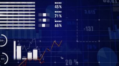 Gösterge paneli, dünya haritası etiketleri, pasta grafikleri, çizgi ve şamdan çizelgeleri ile üç boyutlu finansmanı gösteriyor. Analizler, veri görselleştirme, teknoloji, iş zekası, yatırım, dijital, strateji
