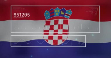 Hırvat dama tahtası kalkanı, HUD çerçeve kaydırma verilerini gösteren bayraklarla canlandı. Dijital, geleceksel, arayüz, teknoloji, veri, analiz, yenilik