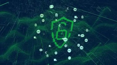 Yeşil pikselli kalkan, asma kilit simgesini üç boyutlu görüntüleme ile ticaret simgelerinin arasında yüzüyor. Siber güvenlik, dijital, fütüristik, koruma, teknoloji, ağ, yenilik