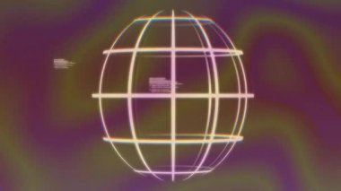 Mor gradyan arayüzde yüzen parlak kablo küresi, hatalı metin ve RGB hatları içeriyor. Tel çerçeve, holografik, neon, fütüristik, dijital, soyut, teknoloji