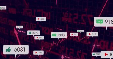 Koyu kırmızı ızgara üzerinde yüzen sosyal medya metrikleri oyun simgeleri ve moda çizgileri gibi yorumlar sergiliyor. Analizler, görselleştirme, veriler, gösterge paneli, dijital, teknoloji, istatistik