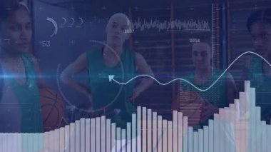 Basketbol koçu, oyuncuları spor salonunda toplarıyla bir araya topluyor, grafikler ve dalga biçimleri örtüyor. Atletizm, takım çalışması, antrenman, spor, performans, akıl hocalığı