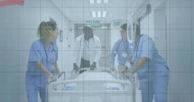 Tıbbi ekip hastane yatağını koridordan aşağı itiyor, animasyon şebekesi ve kırmızı çizgi grafiği var. Sağlık, işbirliği, profesyonellik, aciliyet, klinik, takım çalışması, yenilik