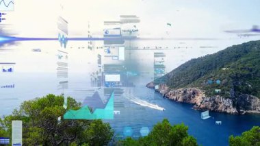 Dijital veri tabloları ve deniz manzarası üzerinde yüzen UI panelleri, motorlu tekne hareketlerini gösteriyor. Deniz manzarası, veri görselleştirme, deniz, teknoloji, bilgi, çağdaş, deniz altyapısı