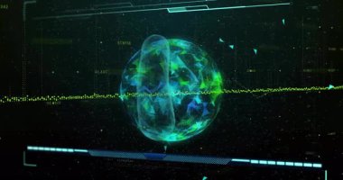 Telgraf küresinden geçen şeffaf kapsül, mavi parçalar ve hareket eden sayısal dalga formu. Fütürist, holografik, veri görselleştirme, dijital arayüz, siber punk, bilim kurgu, teknolojik arayüz