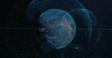 3D görüntüleme dijital Dünya 'nın dönen merkezi, dönen ağ hatları, kesen dalga biçimi orta hat. Teknoloji, veri görselleştirme, fütürizm, ağ, dijital, yenilik, analiz