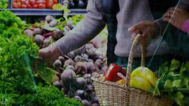 Bir çift markette taze sebze seçiyor, sağlık için yüzen beslenme ikonları sergiliyor. Market, pazar, çiftlikten sofraya, sağlıklı, organik, alışveriş, kırsal