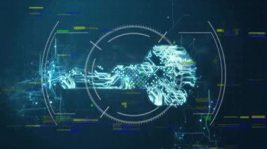 Göstergeler ve yeşil göstergeler gösteren, merkezden yayılan parlak cyan devreler içeren fütüristik HUD. Gelecek, teknoloji, arayüz, holografik, siber, yenilik, dijital