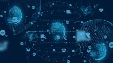 Lojistik satış simgeleri ve para birimi simgelerini vurgulayan ağ etrafında dönen noktalı dijital küreler. Teknoloji, bağlantı, siber alan, dijital, yenilik, veri, fütürist