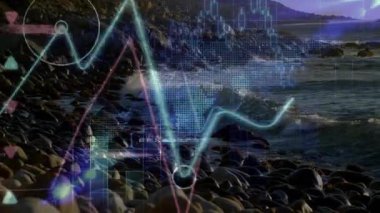 Çakıl taşları ve çakıl taşları içeren Rocky kıyı şeridi düz ızgara çizelgesini çizelge iziyle örtüyor. Sahil, analitik, dijital, soyut, deniz, veri görselleştirme, manzara