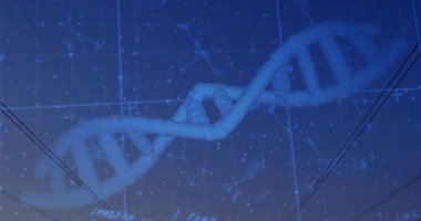 Mavi ızgara üzerinde dönen 3 boyutlu DNA sarmalı, güç hatlarını, düğümleri ve formülleri destekleyen kuleler yüzüyor. Moleküler, teknoloji, mühendislik, fütüristik, bilimsel, yenilik, veri