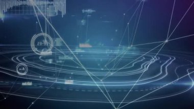 Parlak dairesel yapay zeka düğümleri birleştirirken yüzen çubuklar ve dalgalar grafiksel arkaplanı canlandırıyor. Futuristik, teknoloji, görselleştirme, veri, dijital, arayüz, soyut