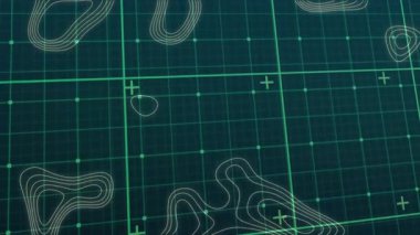 Dijital haritalama arayüzü, deniz mavisi arkaplanının üzerinde düğümlü ve kontur döngülü neon yeşil ızgarayı gösteriyor. Fütürist, teknolojik, soyut, neon, geometrik, dijital, bilim kurgu