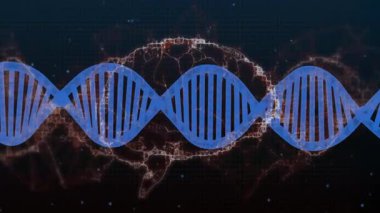 Karanlık şebekeye yayılan sürekli mavi DNA sarmalı etrafta parlayan enerji liflerini gösteriyor. Fütürist, bilim, teknoloji, biyoteknoloji, yenilik, dijital, soyut