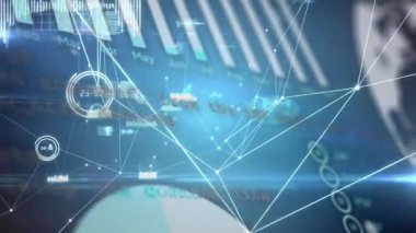 Sanal gösterge panelinde parlayan soyut veri arayüzü, köşegen çubukları, ağ düğümleri, göstergeler. Futuristik, teknoloji, dijital, neon, yüksek teknoloji, arayüz, görselleştirme