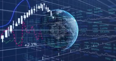 Mavi ızgara üzerinde yüzen şeffaf dünya, şamdan çubukları, çizgi grafikleri, yüzde etiketleri gösteriyor. Futuristik, teknoloji, veri görselleştirme, finans, analitik, dijital, ağ