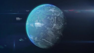 Gezegen Dünya, gece gündüz kenarlarını üç boyutlu görüntülüyor. Yüzen kod parçaları ve ışık çizgileriyle. Fütüristik, dijital, küresel, teknoloji, boşluk, görselleştirme, evren