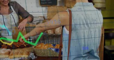 Satıcı, pastanede müşterileri somun ekmeğe yerleştiriyor, üzerinde yüzen fiyat etiketleri ve pasta simgeleri var. Fırın, esnaf, perakende, kırsal, taze, günlük, yerli