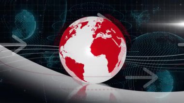 3D küre Amerika 'yı kırmızı çizgiler üzerinde dönen oklar ve veri halkalarını gösteriyor. Futuristik, dijital, küresel, teknoloji, ağ, soyut, veri